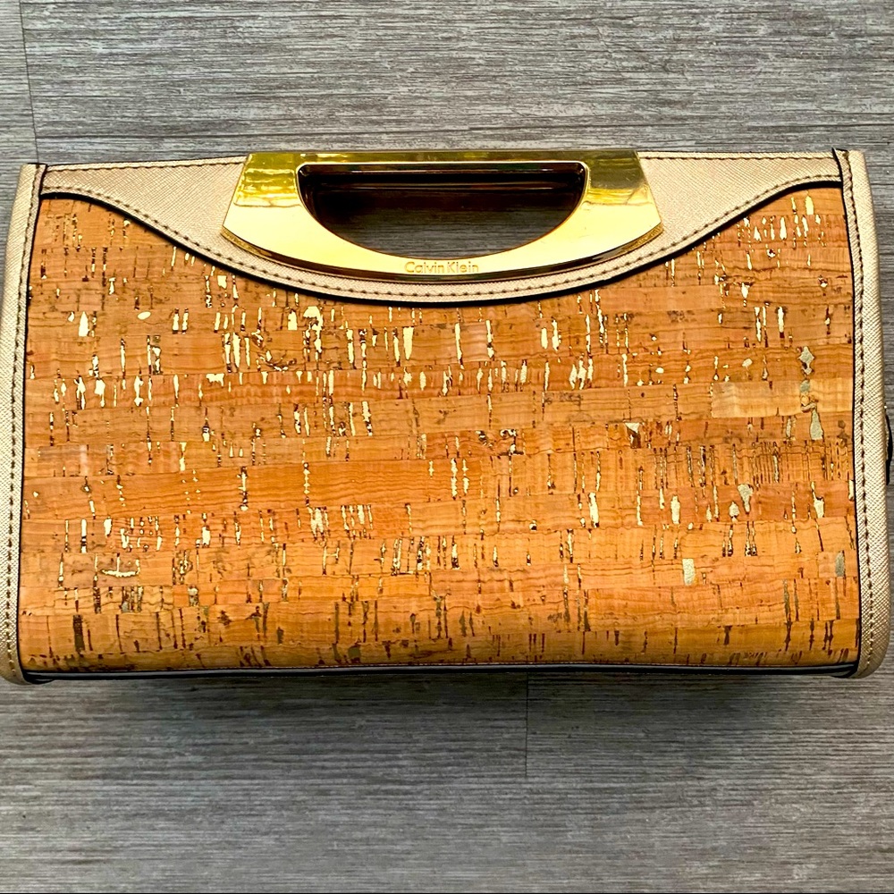 NWT Calvin Klein Cork clutch with gold accents